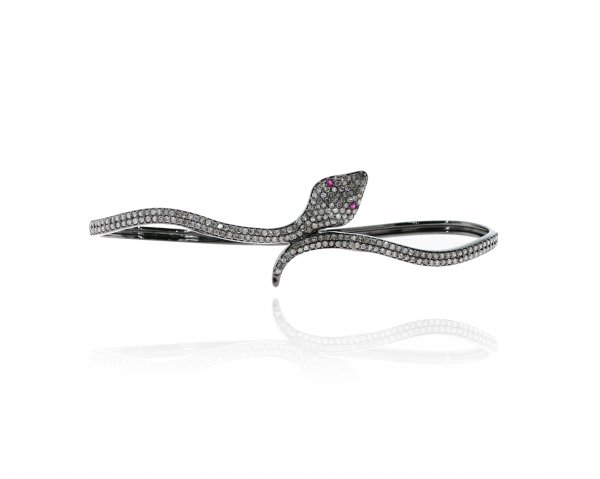 Sterling Silver  Snake Palm Bangle with Ruby Eyes