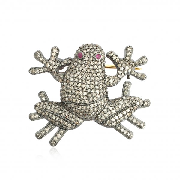 Sterling Silver Diamond Frog Brooch With Ruby Eyes