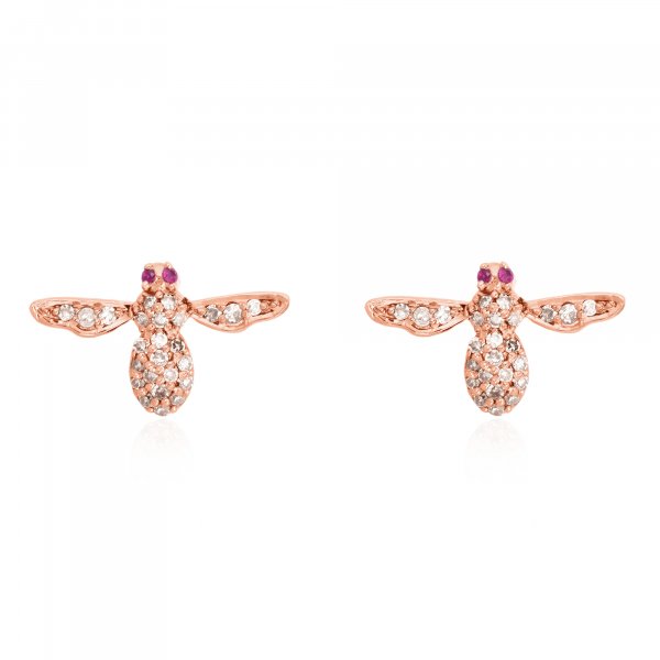 Rose Gold Diamond Bee  Studs with Ruby Eyes