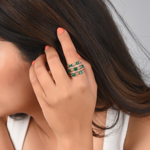 Rose Gold Emerald Multiband Diamond Ring
