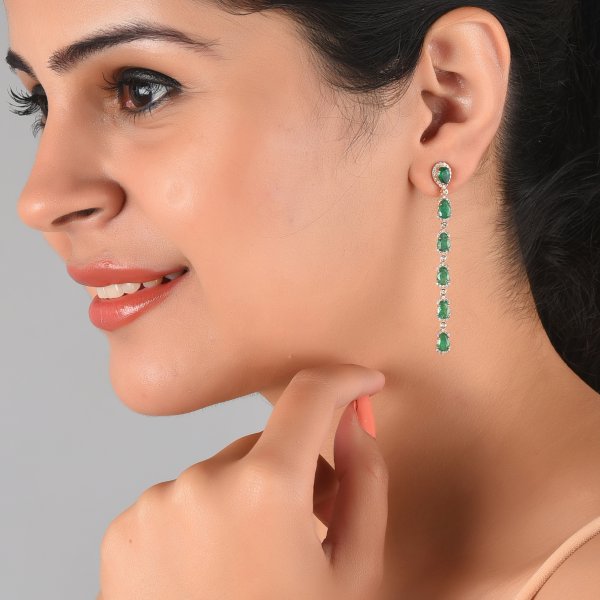 Rose Gold Emerald Diamond Dangle Earrings